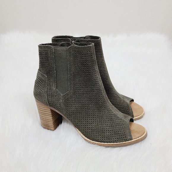 Toms Perforated Suede Peep Toe Majorka Bootie Heel - Picture 3 of 9